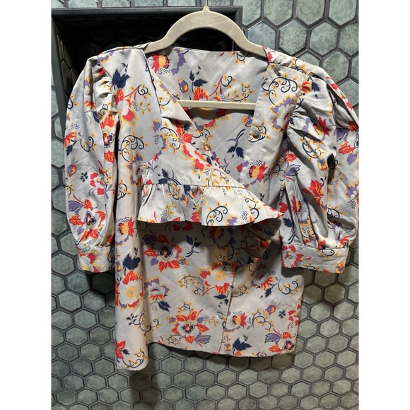 VTG Patterned Women's‎ Small Asymmetrical Ruffle Front Floral Pattern Gray Top - Picture 3 of 6